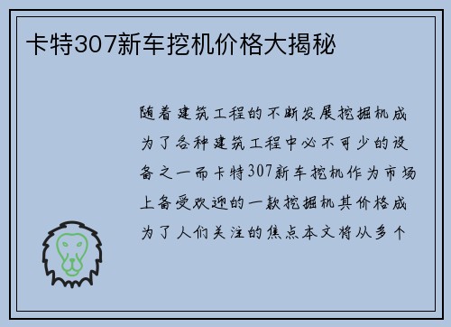 卡特307新车挖机价格大揭秘